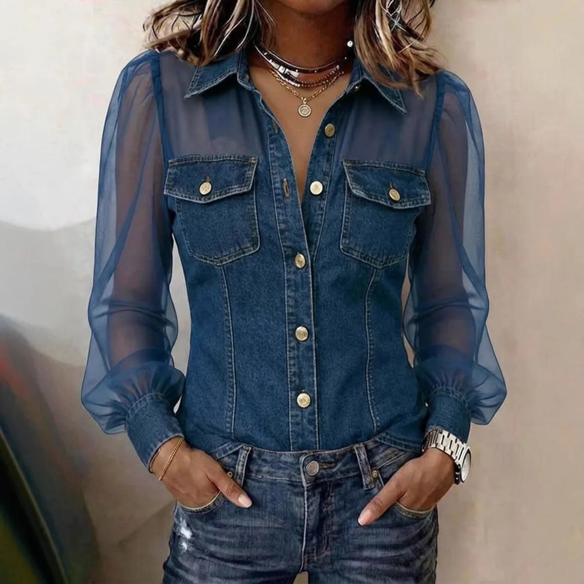 Chemise en jean bleu pour femme